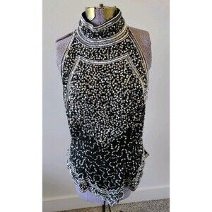 Halter Sequin Beaded Silk Top sz L/XL Black & Silver Cocktail Glam Y2K